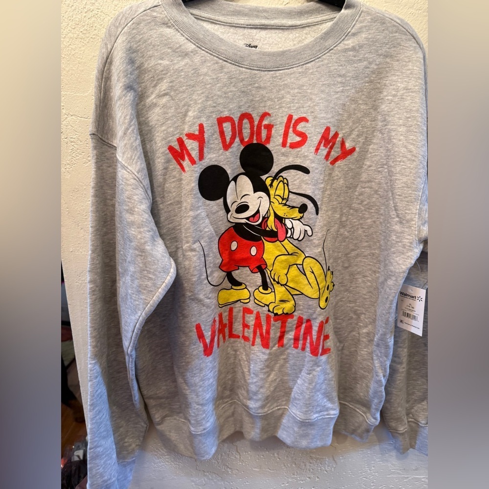 Disney Mickey Mouse snd Pluto Gray Crewneck Sweatshirt My Dog is my Valentine L
